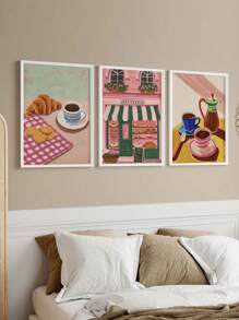 1/6pcs Coffee Shop City Bakery Illustration Croissants And Cookies Art Poster Canvas Painting Wall Print Picture For Kitchen Home Decor,Frameless