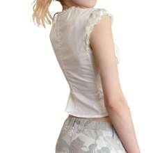 Women Y2k Coquette Button Down Shirt Cute Preppy Cap Sleeve Crew Neck Slim Fit Crop Top Casual 90S Vintage Blouse Cute Lace Trim Crop Tops Streetwear - 白色 - 查看 4