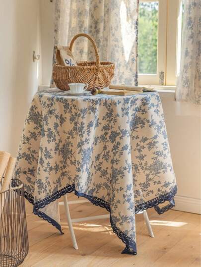 French Luxury Vintage Style Blue Rose Floral Lace Trim Rectangular Tablecloth, Suitable For Coffee Table, TV Cabinet, Holiday Party, Birthday, Wedding, Outdoor Photoshoot Background, All Seasons