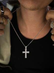 1pc Fashionable Hip Hop Sporty Rectangular Cross Necklace Set With Multi-Elements, Suitable For Students, Gift Box Packaging For Holiday Gift - Silver - View 1