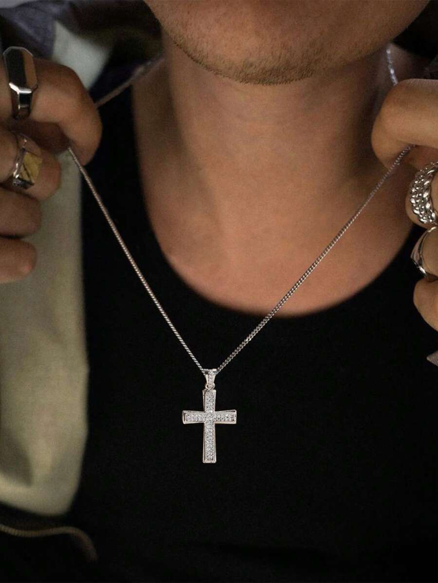 1pc Fashionable Hip Hop Sporty Rectangular Cross Necklace Set With Multi-Elements, Suitable For Students, Gift Box Packaging For Holiday Gift - Silver - View 1