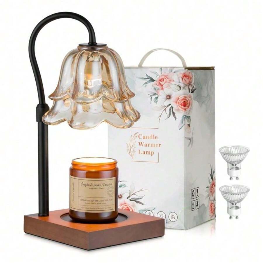 Candle Warmer Lamp With Timer: Flower Candle Warmers With 2 Bulbs, Unique Glass Lamp, Warming Jar Candles And Wax Melts, Glass Table Height Adjustable Candle Lamps For Home Bedroom Decor House Warming Gift Birthday, Mom Gift For Women - 蒙特內哥羅 - 查看 1
