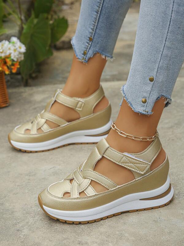 Women Platform Wedge Sports Sandals Waterproof Roman Sandals New Hollow Out Fashion Chunky Sole Hook-And-Loop Sandals Summer Increased Height Sandals Non-Slip Bottom Casual Gold Sandals. Round Toe Comfortable Casual Walking Shoes, Women's Holiday Party Essential Casual Shoes Wedge Breathable Sandals Women's Fashion Versatile Wedge Platform Sandals Solid Color Sandals Women's Necessary Thick Bottom Sandals