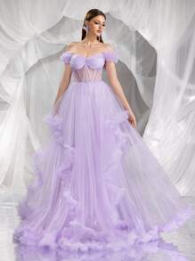 Sheer Princess Bardot Ruffle Formal Dress, Suitable For Ball, Party, Prom Dress - Mauve Purple - View 7