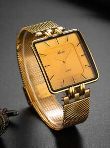 MISSFOX Fashion Men's Gold Dial Simple Square Stainless Steel Mesh Strap Watch