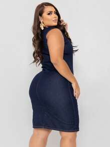 Plus Size Denim Dress, Midi Tube Model, With Side Slit - Azul - Ver 2