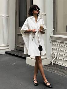 Going Out Retro Loose Pocket Cardigan Button Up Long Sleeve Striped White Cute Beautiful Casual Elegant Shirts Tops For Women, Spring And Summer Holiday/Valentine's Day - White - View 5