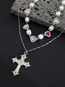 2pcs Vintage Luxury Simple Multicolor Crystal & Faux Pearl Necklace, Men's Fashionable Personalized Charm Cross Jewelry, Adjustable - 2-piece Set - View 12
