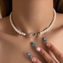 1pc Summer Indie Pearl Heart Necklace, Cute & Stylish Beaded Necklace For Girls