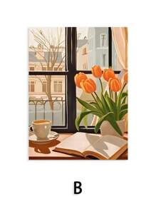 1/6 piezas Pintura en lienzo con ilustración de una cafetería de la ciudad, panadería, croissants y galletas, póster artístico para decoración del hogar y la cocina sin marco - Multicolor - Ver 16