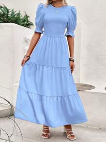 Women's Summer Dress Casual Crewneck Short Sleeve Smock Boho Flowy Dress Spring Summer Holiday Vacation Valentine Going Out Outfits - 淺藍色 - 查看 5