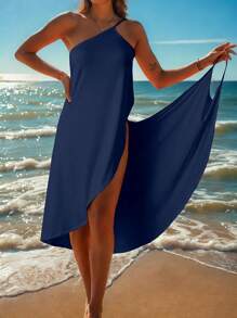 女士休闲纱笼裹身吊带连衣裙，性感沙滩度假夏装 - 寶藍色 - 查看 1