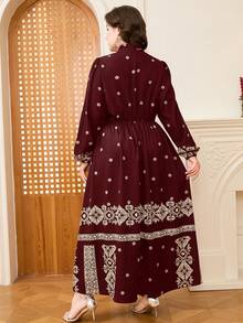 DEARCASE Plus Size Elegant Retro Printed V-Neck Dress Spring Vacation - Burgundy - View 2