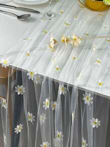 Daisy Flower Mesh Fabric Table Runner, White Sheer Lace Embroidery For Wedding Dress DIY Sewing Decor Craft, Party Wedding Banquet Home Decoration - Daisy Embroidered Table Runner - View 6