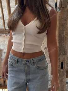 Zonnig meisjesachtig zomers dames sexy en puur verlangen stijl knoopontwerp, effen kleur, nauwsluitend, grote V-hals, mouwloos vest