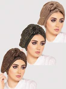 1pc Women Sparkling Crinkle Twist Headwrap Turban Hat With Gold Snap Button