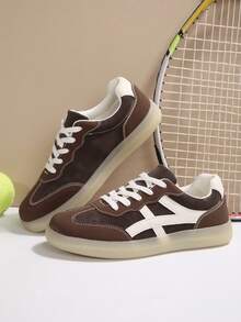 女士天鹅绒拼接系带前软底休闲运动鞋，新款轻便厚底运动鞋，秋季户外运动款学生滑板鞋 - 棕色 - 查看 4