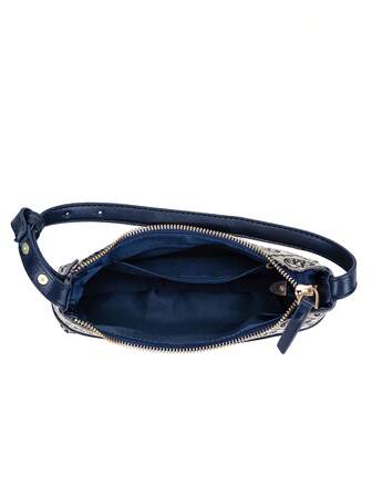 DK DKMG 1 st blått PU-läderbokstav Rombic pläd jacquard tygväska för damer, elegant vintage lättviktslämplig för vardagsbruk och mors dag eller andra julklappar