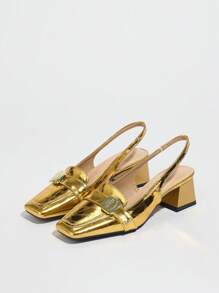 Chaussures femme rétro de couleur unie élégantes avec boucle métallique et talon épais, nouvelles mules à talons hauts pour sorties/port à la maison en été - Doré - Voir 7