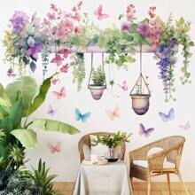 Removable Watercolor Hanging Potted Wall Stickers Flower Pots Wall Decals Colorful Plants Wall Sticker Floral Pendant Wall Decal Art Murals For Classroom Office Living Room Girl Bedroom Personalised Stickers