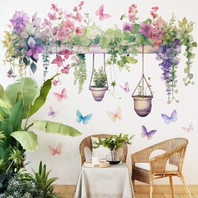 可移除水彩悬挂盆栽墙贴花盆墙贴彩色植物墙贴花卉吊坠墙贴艺术壁画适用于教室办公室客厅女孩卧室个性贴纸
