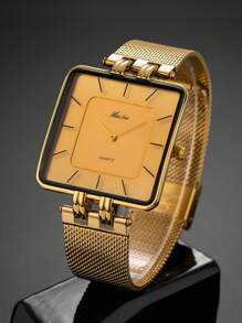 MISSFOX Fashion Men's Gold Dial Simple Square Stainless Steel Mesh Strap Watch