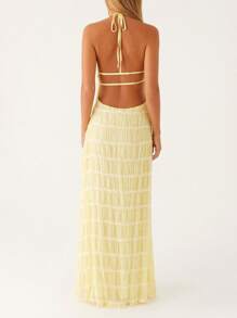 Women's Ruched Bodycon Long Dress Sleeveless Backless Solid Color Dress Cocktail Party Dress - Yellow - View 5