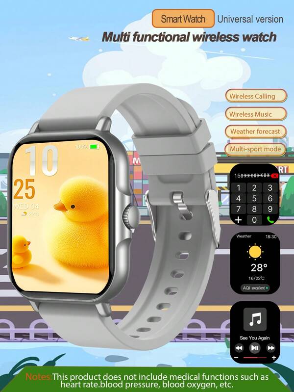 1pc Unisex Student Comfortable Breathable Black Silicone Smart Watch Band, 1.83" HD Touchscreen, Multi-Function With Sports Modes, Information Reminder, Heart Rate Detection, Music & Camera Control, Suitable For Casual Wear And Sports