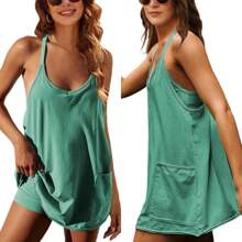 Tanming Women's Womens Athletic Sleeveless Mini Dress With Built-In Shorts V Neck Spaghetti Strap Short Tennis Dress With Pockets - 橘色 - 查看 8