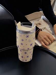 1pc 20oz (600ml) Stainless Steel Insulated Tumbler With Flower & Bow Pattern, Double Wall Vacuum Cup, Coffee Mug, Water Bottle, Suitable For Office, Home, Outdoor, School And Occasions Like Valentine's Day, Christmas, Ramadan, Mother's Day, Birthday Gift Back To School