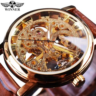 T-WINNER Winner Transparent Golden Case Luxury Casual Design Brown Leather Strap Men Watches Top Brand Luxury Mechanical Skeleton Watch