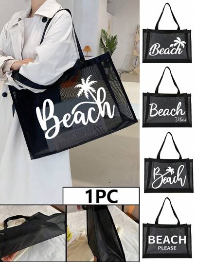 透气沙滩网眼手提包，椰子树字母印花，大容量休闲手提包女士可折叠单肩手提包适合海滩野餐度假，防水多用途适合少女女士大学生上学