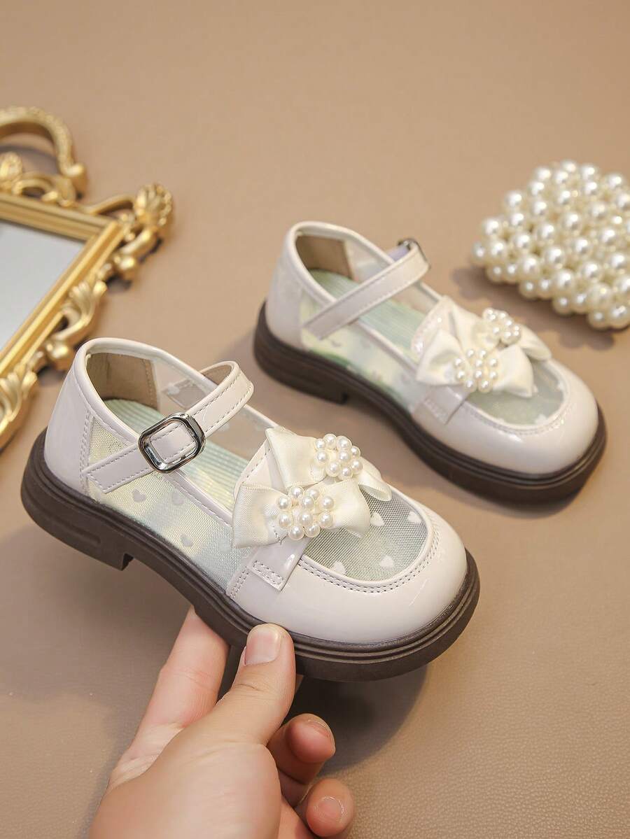 儿童学院风小皮鞋，可爱蝴蝶结和大花朵水晶装饰时尚表演鞋 - 米色 - 查看 1