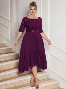Plus Boat Neck Floral Lace Contrast Chiffon Ruffle Hem Cocktail Party Swing Dress - Maroon - View 1