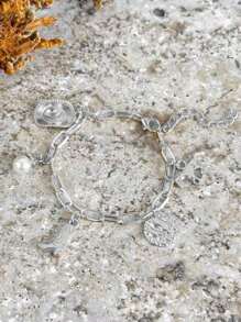 Hegaze 1pc Retro Faux Pearl Geometric Pendant Bracelet - Silver - View 3