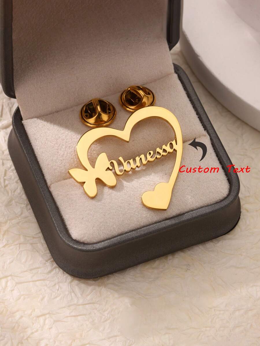 1 件定制蝴蝶心形名字胸针女士珠宝个性别针休闲中性铭牌胸针 - 彩色 - 查看 1