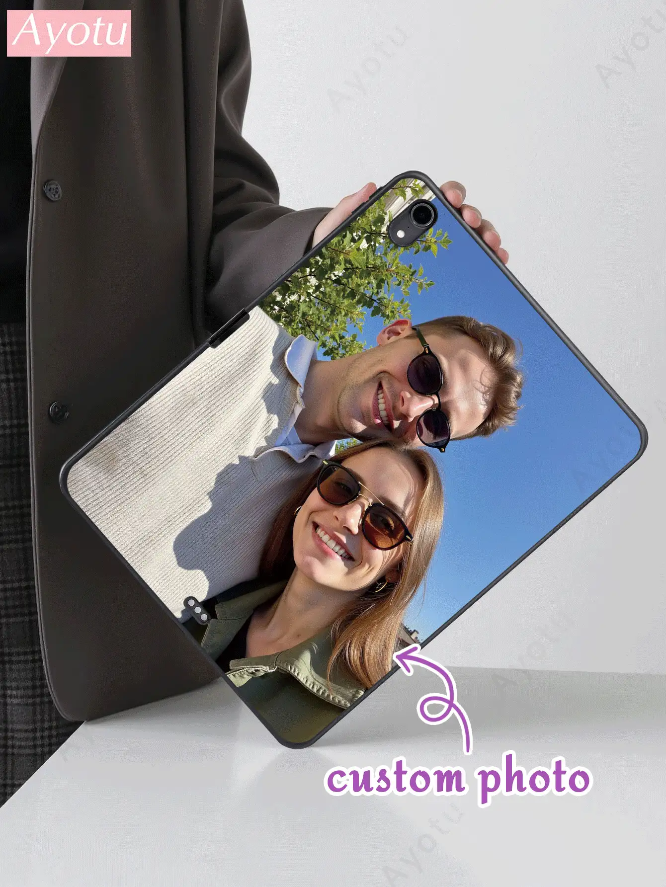 Ayotu Custom Design Black Matte IPad Tablet Case, Soft Silicone Tablet Protective Cover, Compatible With IPad 9th Gen (10.2-Inch), Multiple Colors - IPad Pro 11-Inch 2021 And IPad 10th Gen, Compatible With Samsung Galaxy Tab, Built-In Pencil Holder Design, Convenient Storage, Family, Couple, Pets, Idol Photos Custom Design - A Choice For Anniversary, Valentine's Day, Christmas Gift - Multicolor - View 2
