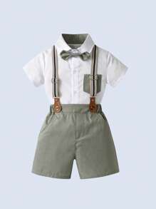 BOARNSEORL 2pcs Young Boys Gentleman Outfit - Short Sleeve Shirt With Bow Tie And Suspender Shorts, Stylish & Outfit For Birthday Party, Wedding, Formal Occasions - Green - View 3