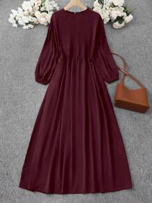 1 pezzo Abito lungo in stile arabo da donna, con maniche lunghe, tinta unita, casual e alla moda per uso quotidiano, modesta tunica abaya - Bordò - Visualizzare 1