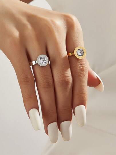 1pc 18K Gold Plated Gorgeous Style Stainless Steel Cubic Zirconia Rings Ladies Jewelry Wedding Party Dating Gift