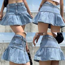 Women's Casual Slim A-Line Pleated Ruffle Short Mini Denim Skirts - 淺藍色 - 查看 2
