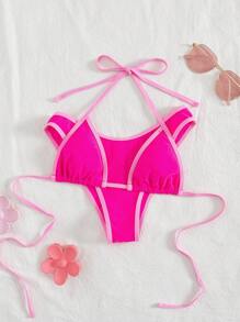 PEPPERMOLLY Bộ bikini màu trơn mới, chất liệu mềm mại, cổ buộc dây, kiểu dáng gợi cảm, thích hợp cho kỳ nghỉ hè ở bãi biển. - Màu Hồng Tươi - Xem 1