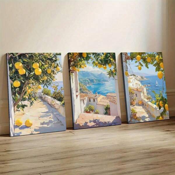 3 pezzi di stampe della di Amalfi con limoni, senza cornice, arte da parete dell'Italia, dipinto di paesaggio urbano italiano, cartellone creativo su tela, decorazione artistica da parete, opera d'arte per regalo, camera da letto, soggiorno, decorazione per casa e dormitorio