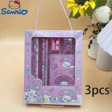 Sanrio Set de 5 piezas/3 piezas de artículos de papelería y regalo con diseños de dibujos animados lindos de Sanrio - Incluye cuaderno, lápiz, regla, sacapuntas y borrador, con Kuromi, Melody, Cinnamoroll. Regalo perfecto para cumpleaños, Navidad o vuelta al colegio (Set de 5/3/1, color y estilo enviados al azar)