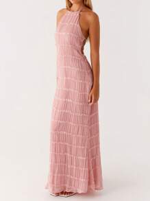 Women's Ruched Bodycon Long Dress Sleeveless Backless Solid Color Dress Cocktail Party Dress - Pink - View 3