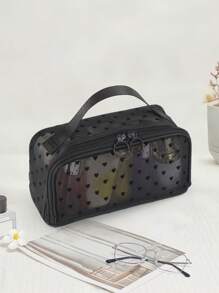 1pc Women Classic Mesh Heart Shaped Cosmetic Bag, Large Capacity Makeup Organizer Bag, Fashion Travel Toiletry Bag Suitable For Work, School & Travel