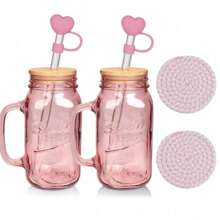 ZHANGJIE Mason Jar Glass Cup With Lid & Handle, 1 Set Including 2 Drinking Glasse & 2 Straw & 2 Coaster & 2 Straw Cap & 1 Brush, Drinking Cup For Home Office, Boyfriend Gifts, Gifts For Girlfriend, Kitchen Gadgets 2024 324809
