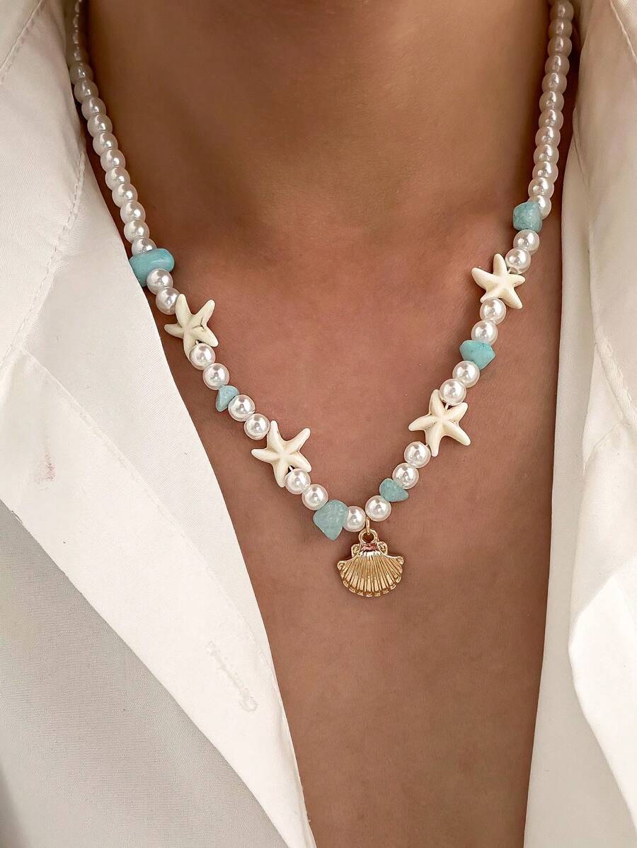 Fashionable Ocean Style Minimalist Shell Pendant Blue Crystal Beaded Faux Pearl Necklace, Daily Wear For Men, Charming Hawaii Vacation Jewelry