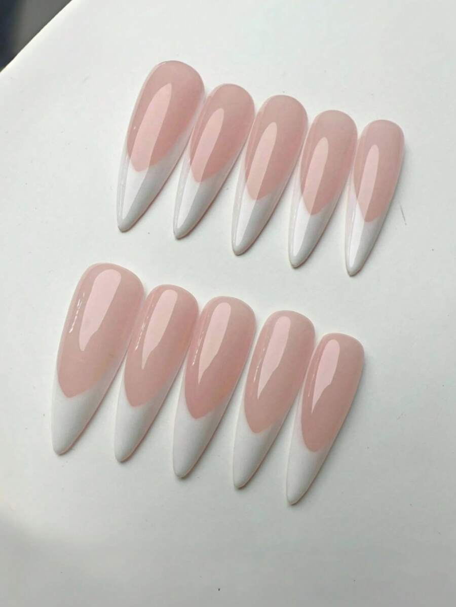 10片杏仁形长款按压式美甲贴片，哑光法式美甲，可重复使用的裸色和白色美甲贴片套装，女士美甲用品，手工按压式美甲贴片 - 彩色 - 查看 1