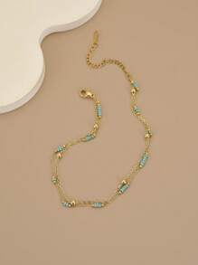 1 件装简约双层钢珠沙滩脚链（女款） - 金黃色 - 查看 2